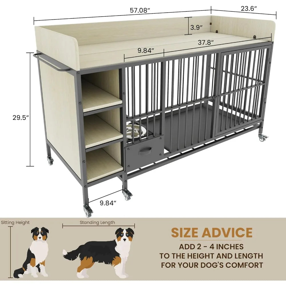 Dog Crate Furniture for Large Dogs, 57'' Dog Kennel with Adjustable Height Feeder, Dog Cage with 2 Stainless Steel Bowls and 2 D