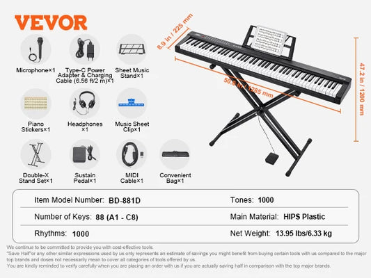 88 Key Digital Piano Keyboard Semi Weighted Keys Full Size Bluetooth 5.0