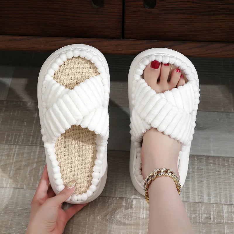 2025 Autumn Winter New Women Home Slippers Open Toe Cross Band Linen Soled Indoor Slides Non Slip Bathroom Slippers