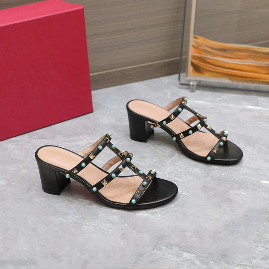 Genuine Leather Women Slippers Medium Heels Butterfly Knot Summer Slides Designer Shoes Size 35-41
