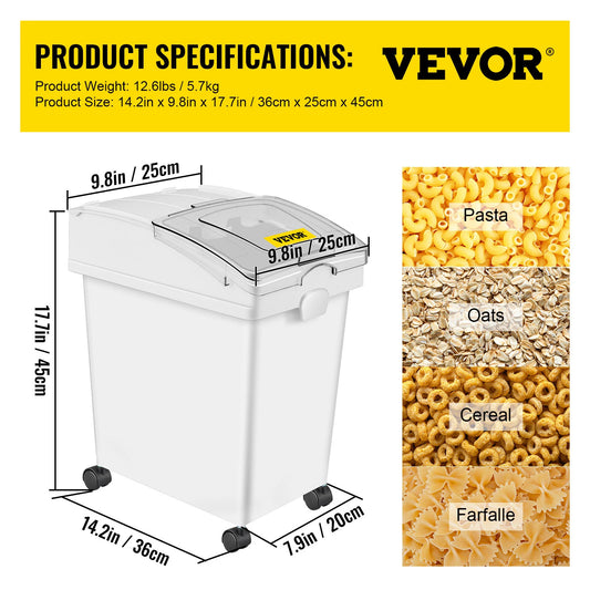 VEVOR 25L Dry Ingredient Storage Bin with Scoop and Caster Dustproof for Rice Flour and Soybeans in Restaurant Kitchen Commercial Use