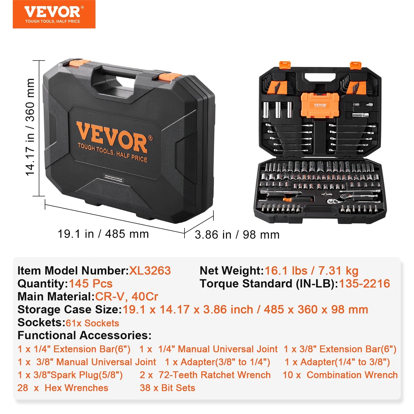 VEVOR Mechanics Tool Set and Socket Set 145/205 Pcs Kit