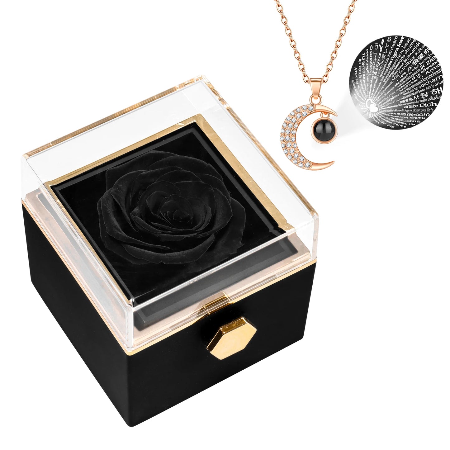 Rotating Eternal Flower Jewelry Box with I Love You Necklace Set in 100 Languages for Birthday Valentine's Day and Mother's Day Gift