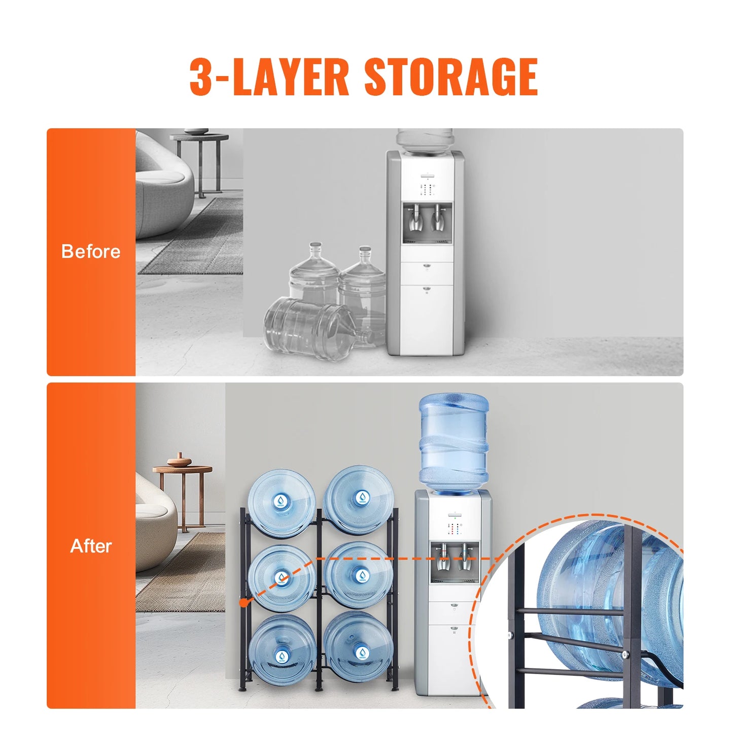 SucceBuy 3 4 5 Tiers Water Jug Holder Metal Water Bottle Holder Easy Installation for Kitchen Office Living Room