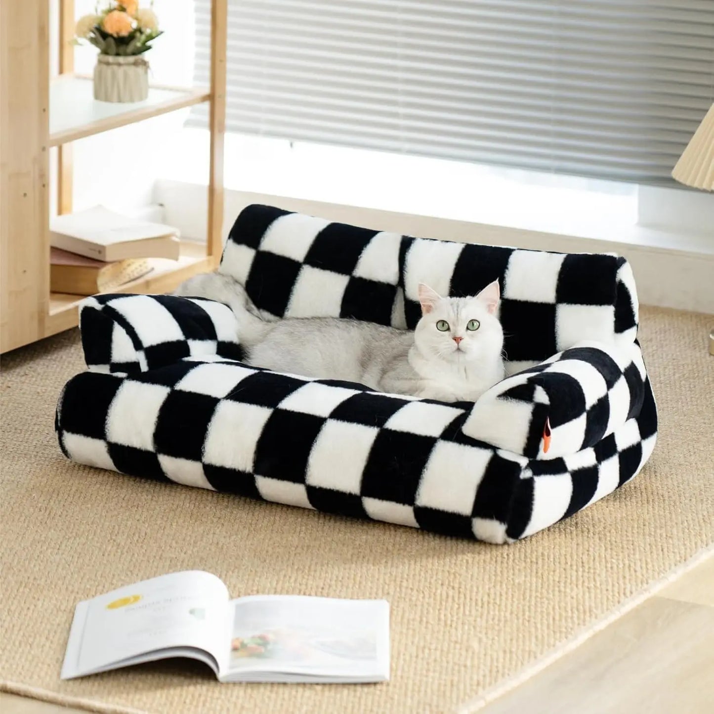 Mewoofun Pet Couch Bed 26x19x13 Inch Washable Cat Bed for Medium Small Dogs and Cats Up to 25 Pounds Fluffy Black and White Couch