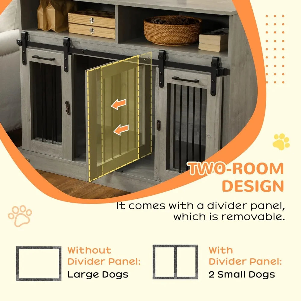 Dog Crate Furniture for Large Dogs or Double Dog Kennel for Small Dogs with Shelves, Sliding Doors, 47" x 23.5" x 35", Gray