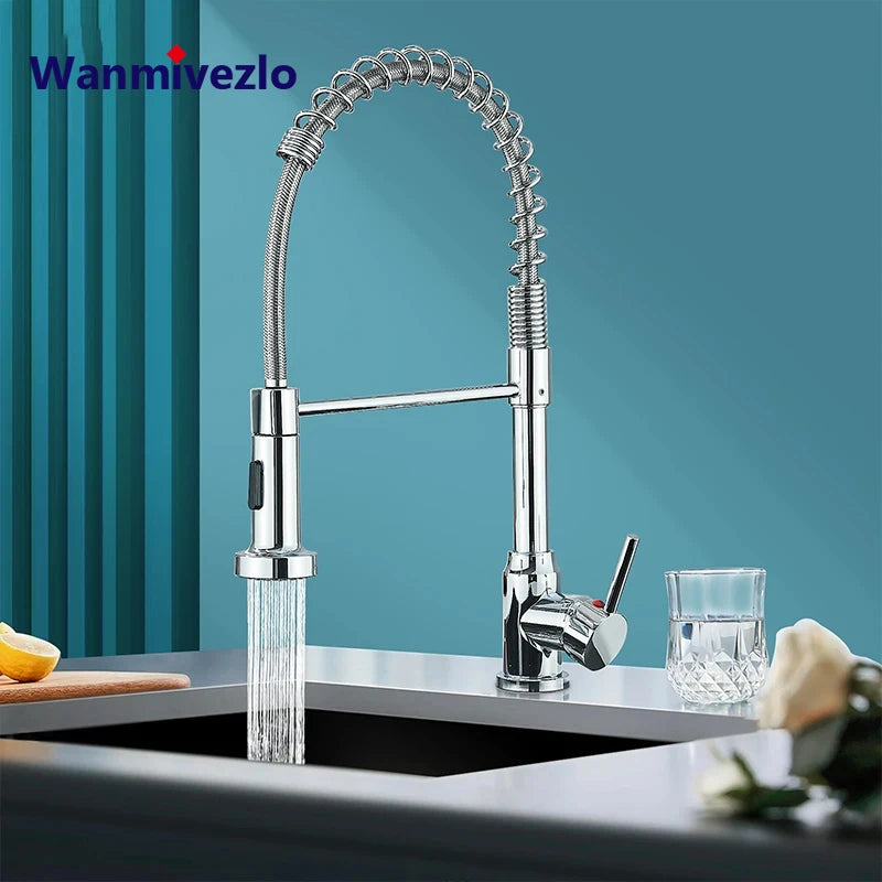 Chrome Spring Pull Down Kitchen Faucet with Stream Spray Head Hot and Cold Water Tap Stainless Steel Rotation Kitchen Mixer Crane