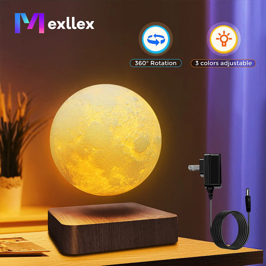 Magnetic Floating Rotating Moon Lamp with Wooden Base 3 Color Temperature LED Night Light Unique 3D Print Gift for Room