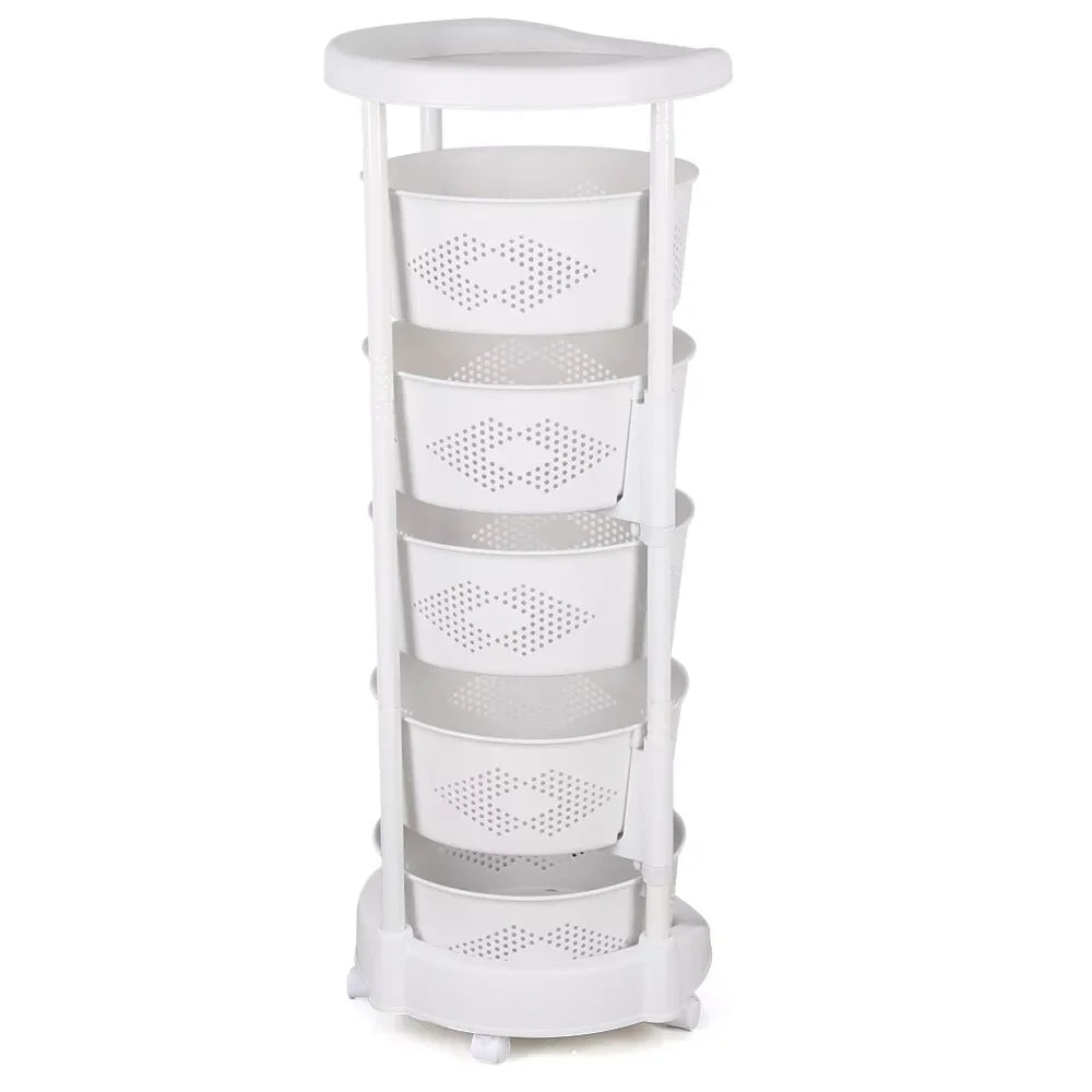 5 Layer Kitchen Rotating Organizer Rack Fruit Vegetable Storage Basket with Wheels 50kg Load for Kitchen Bathroom Living Room