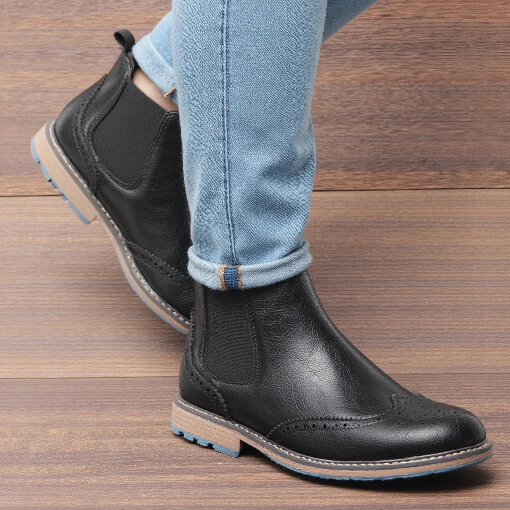 Brogue Men Chelsea Boots 2025 American Style Comfortable Leather Ankle Boots