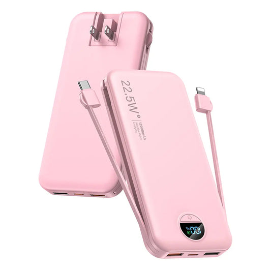 Ultra Thin 12000mAh USB C Power Bank Built In Cables