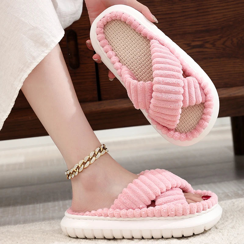 2025 Autumn Winter New Women Home Slippers Open Toe Cross Band Linen Soled Indoor Slides Non Slip Bathroom Slippers