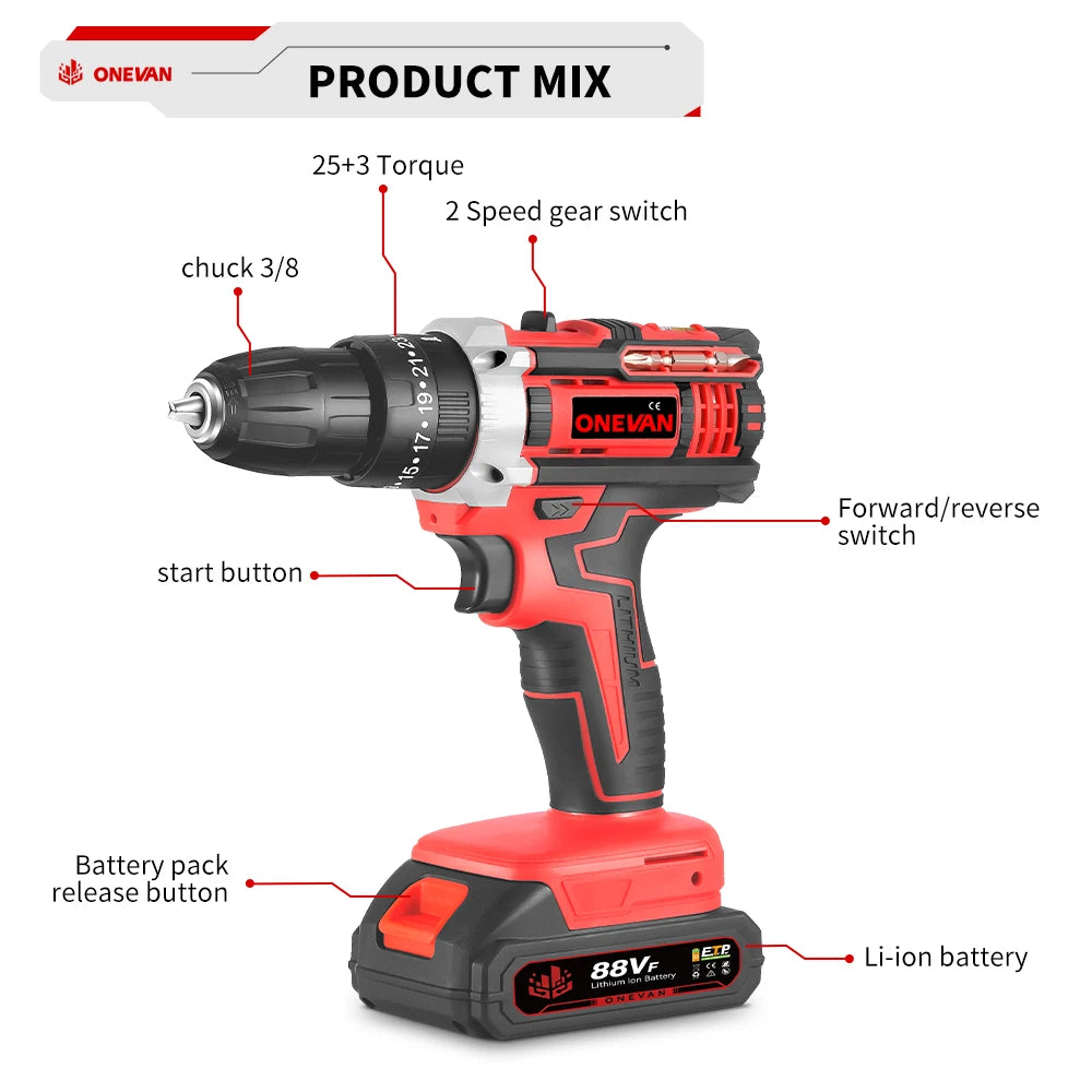 Onevan 10mm Cordless Electric Drill Driver Rechargeable Impact Hammer Drill for Makita Battery Pin