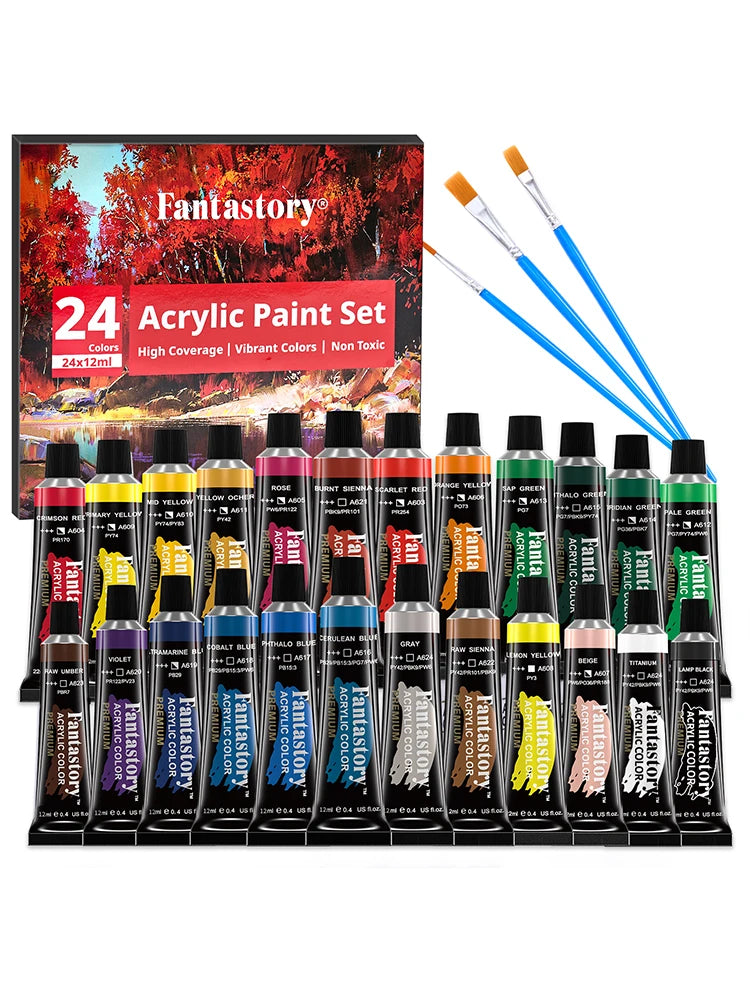 12ML 24 Colors Acrylic Paint Set with 3 Brushes for Adults