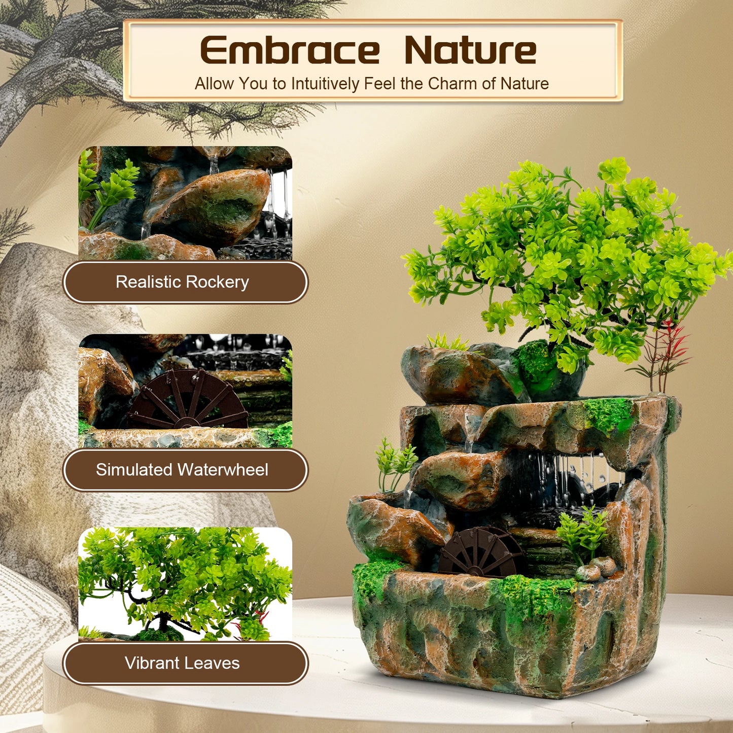Resin Tabletop Fountain Ornament With LED For Home Office