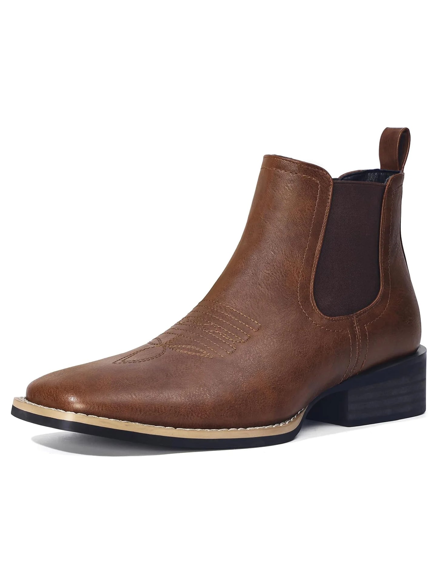 Western Cowboy Boots for Men Mens Square Toe Chelsea Boots Ankle Cowboy Boots for Men Casual Retro Stylish Brown
