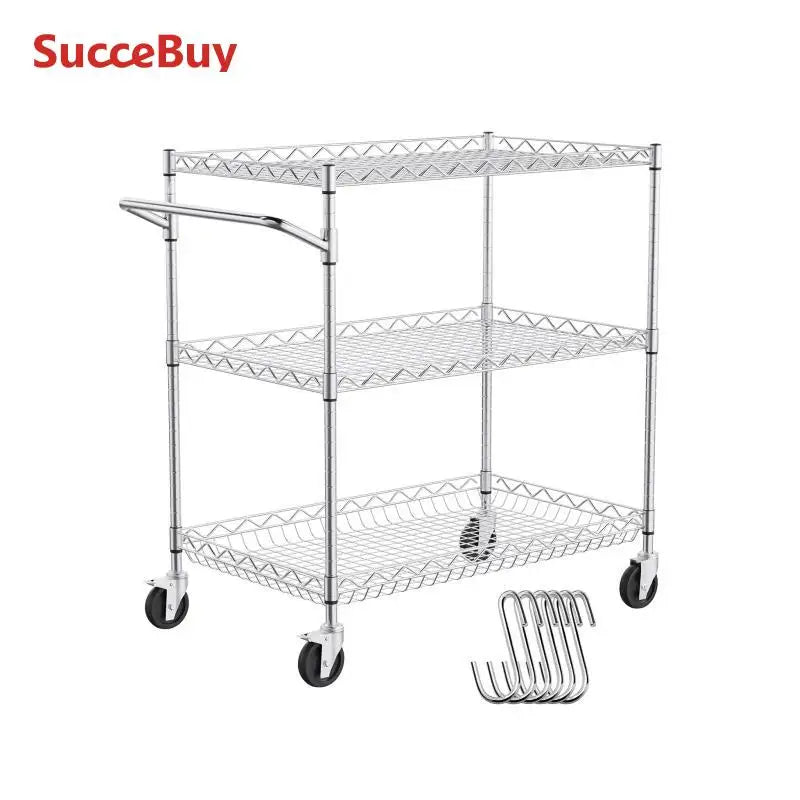 SucceBuy 3-Tier Rolling Utility Cart Metal Storage Shelving Unit