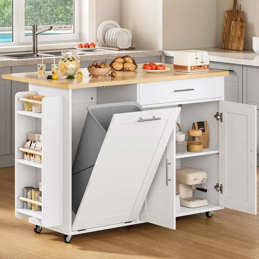 MKDK Rolling Kitchen Island with Hidden Trash Can Storage