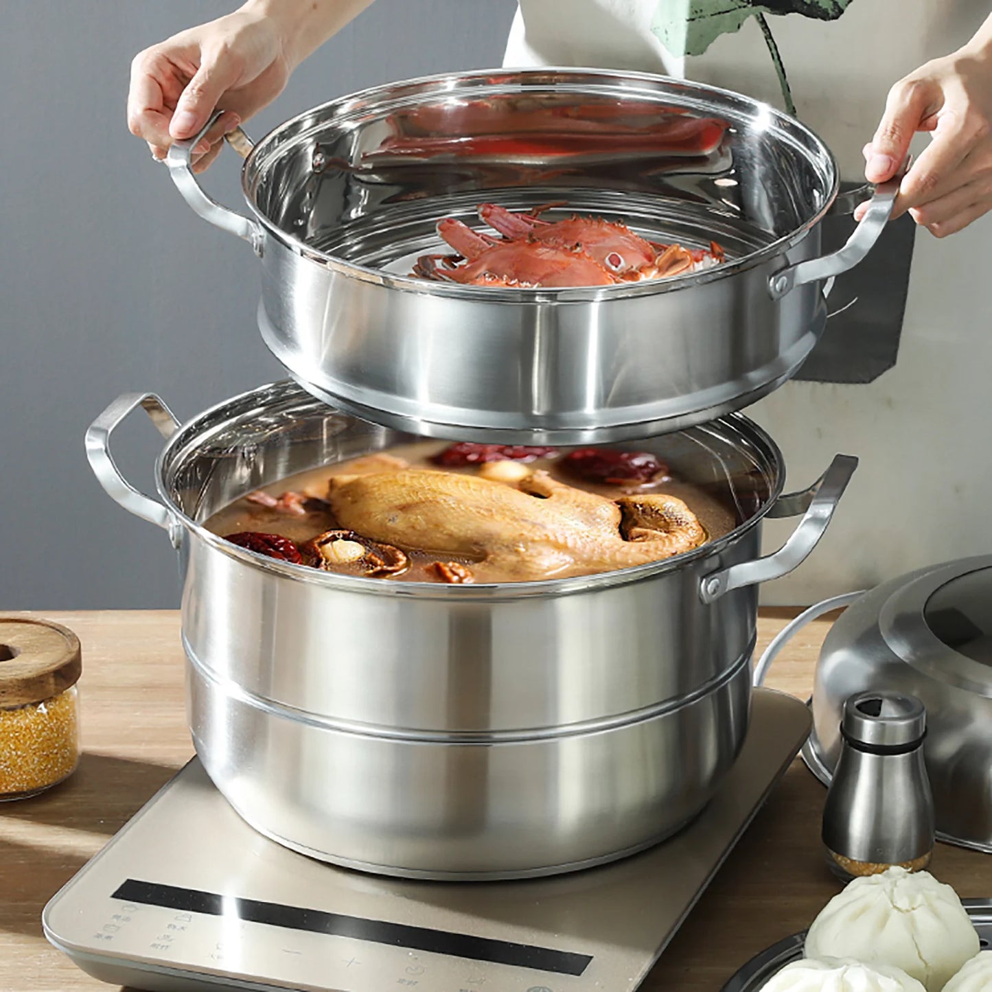 304 Stainless Steel Steamer Stackable Steam Cooker 32cm Diameter 5 Levels