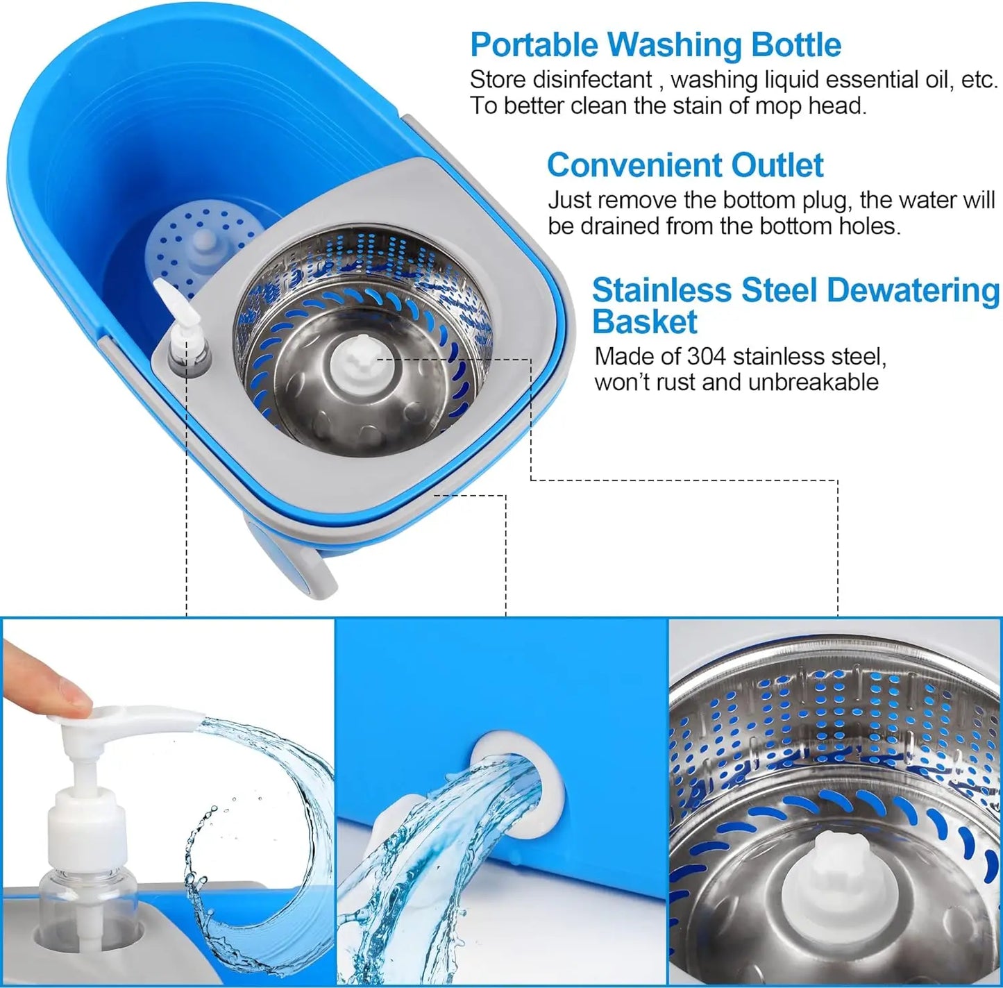 Blue Spin Mop Bucket Sets 61" Extended Handle