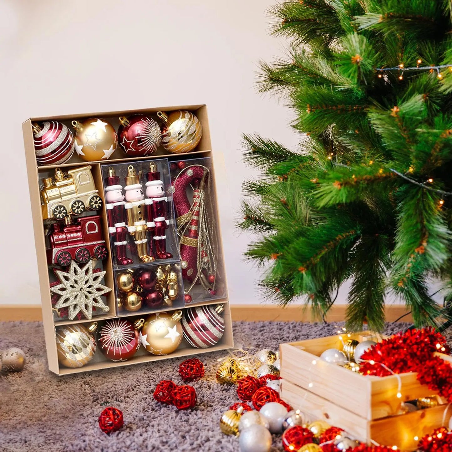 50 Pieces Christmas Ball Ornaments Set for Tree Decorations in Champagne Blue Black and Wine Red