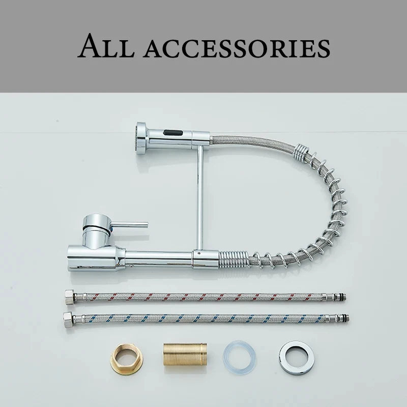 Chrome Spring Pull Down Kitchen Faucet with Stream Spray Head Hot and Cold Water Tap Stainless Steel Rotation Kitchen Mixer Crane