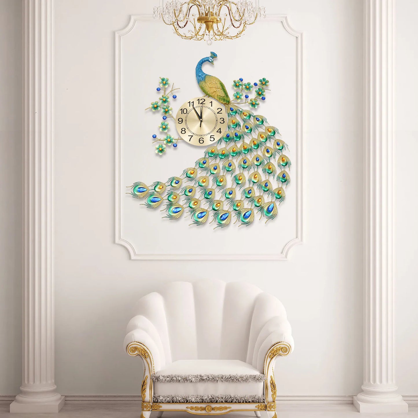 Luxury Peacock Wall Clock Metal 3D Art 8.26 Inch Decor