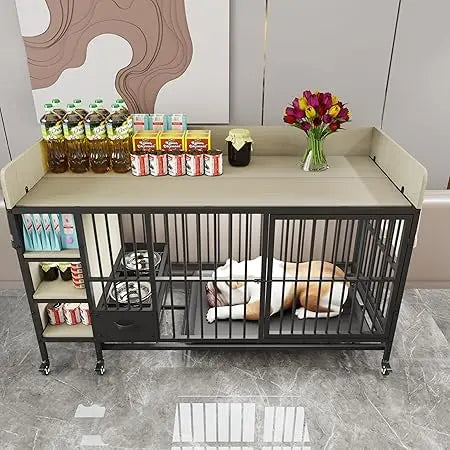 Dog Crate Furniture for Large Dogs, 57'' Dog Kennel with Adjustable Height Feeder, Dog Cage with 2 Stainless Steel Bowls and 2 D