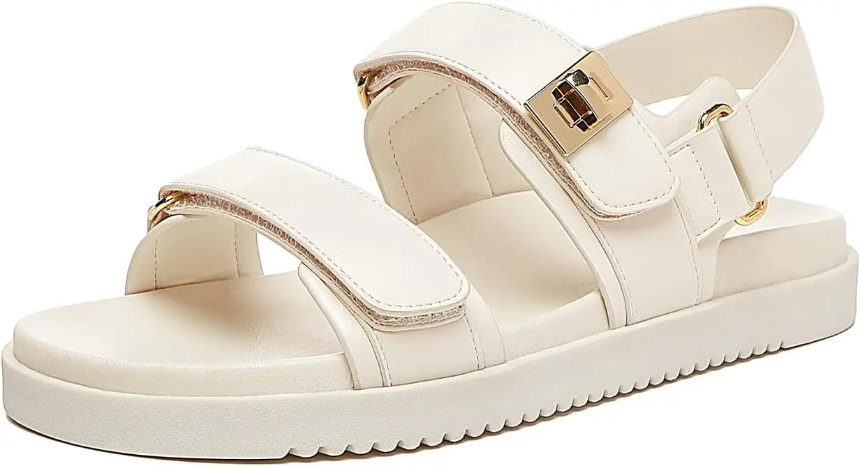 Women's Flat Sandals Comfort Adjustable Double Strap Slip on Leather Footbed Sandals Shoes