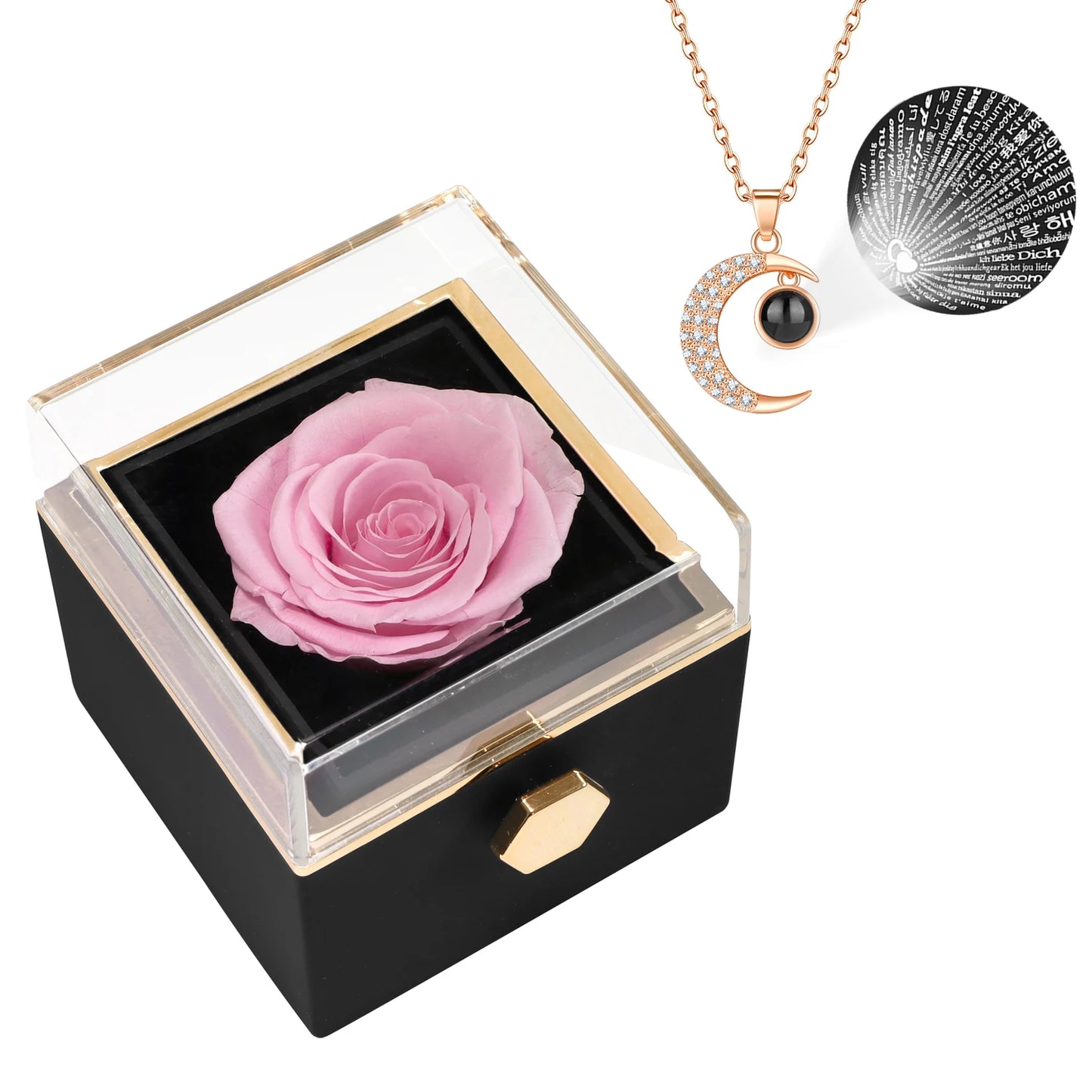 Rotating Eternal Flower Jewelry Box with I Love You Necklace Set in 100 Languages for Birthday Valentine's Day and Mother's Day Gift