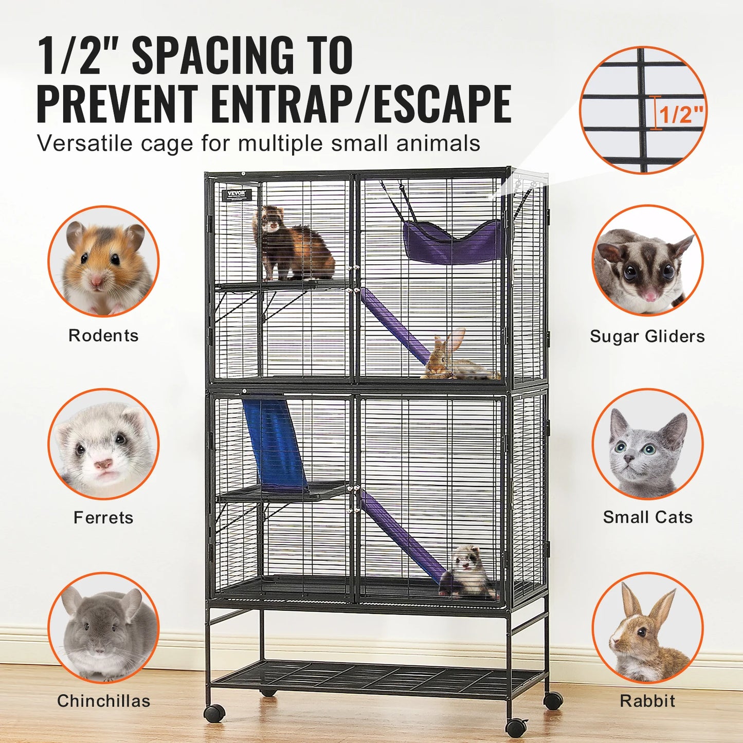 VEVOR 4-Tier Rolling Metal Ferret Cage for Small Animals