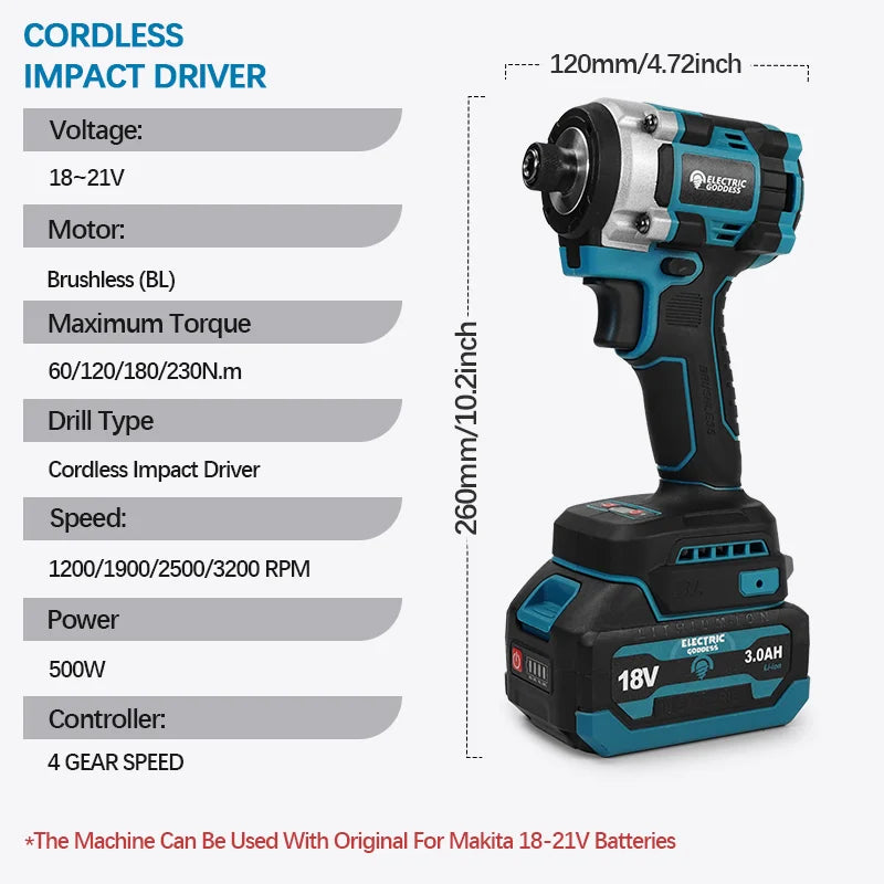 230NM Brushless Electric Screwdriver Multi Function Lithium Drill Cordless Driver Battery Set For Makita 18V Batteries