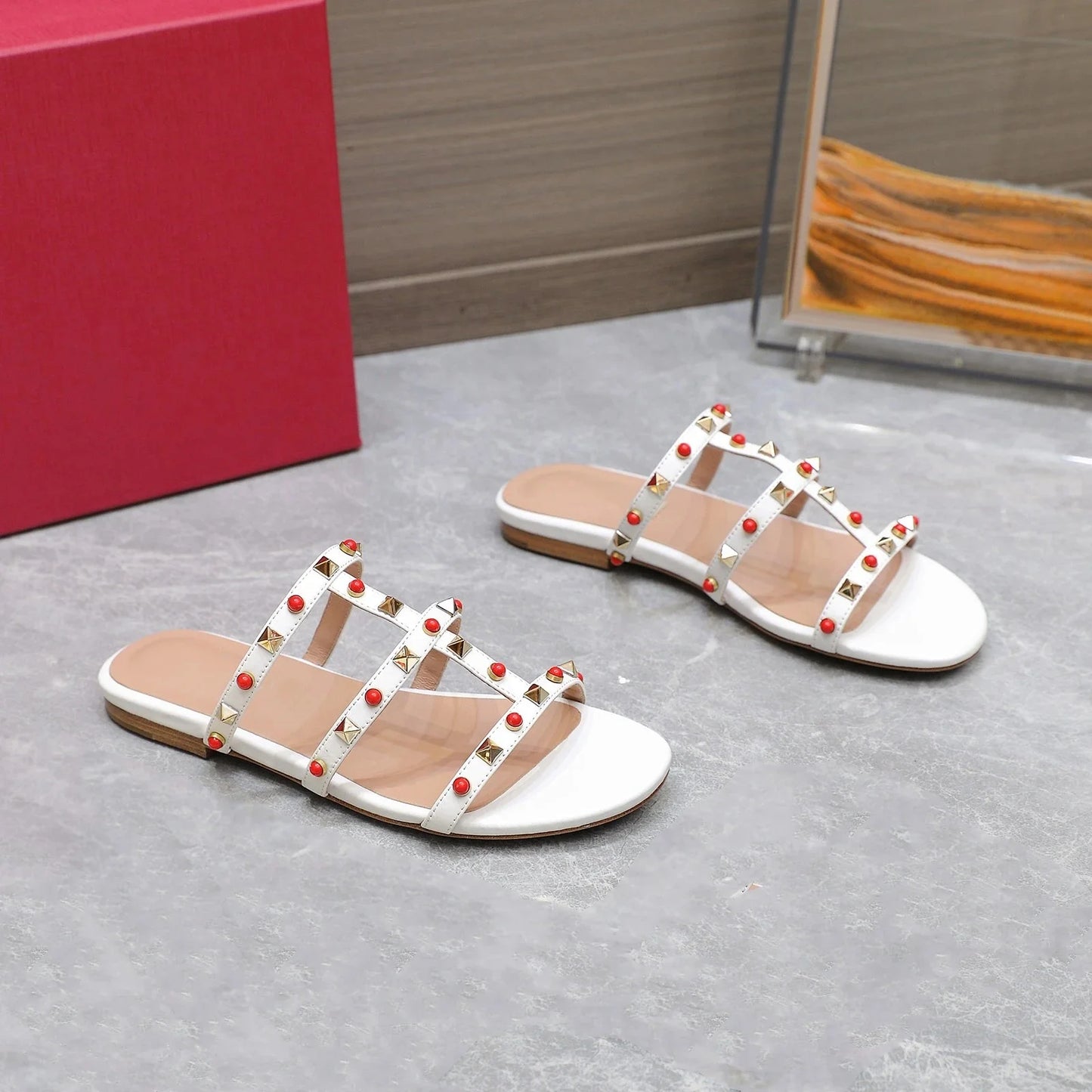 Genuine Leather Women Slippers Medium Heels Butterfly Knot Summer Slides Designer Shoes Size 35-41
