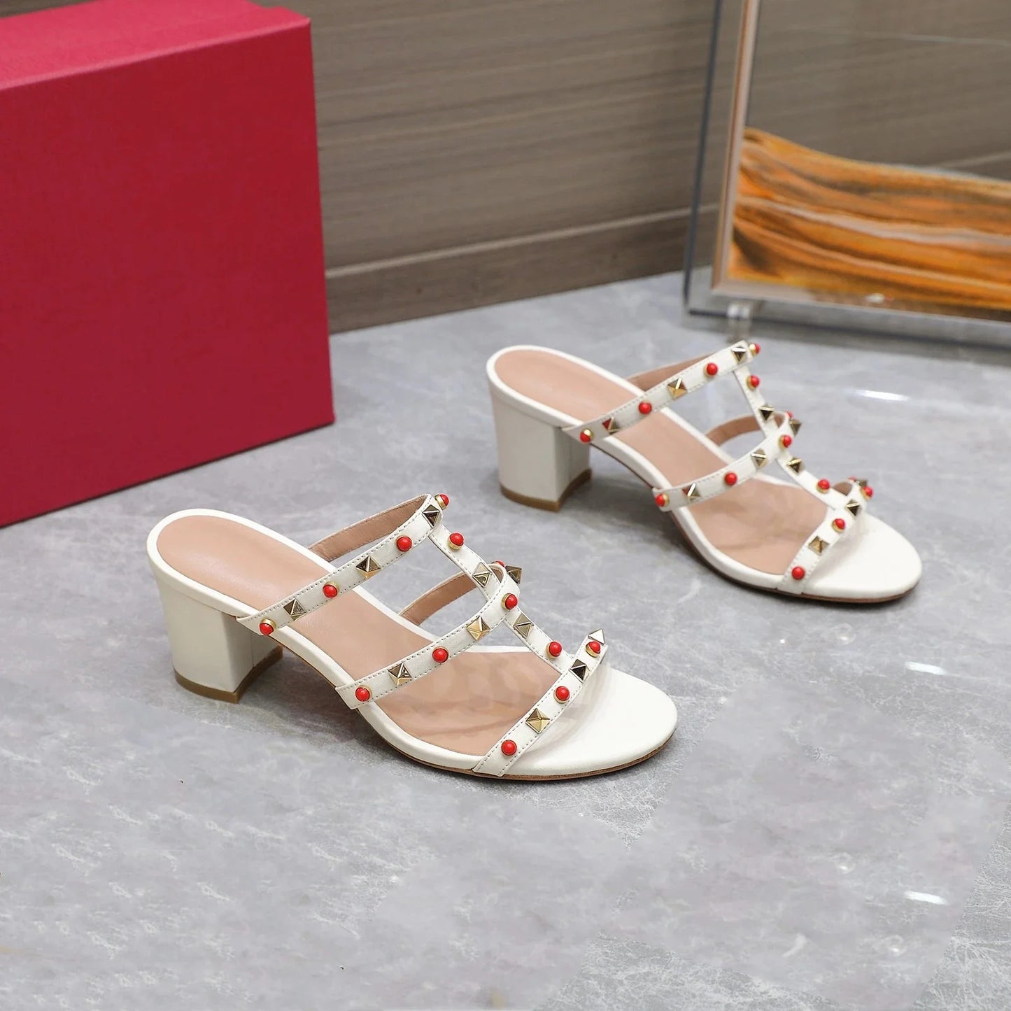 Genuine Leather Women Slippers Medium Heels Butterfly Knot Summer Slides Designer Shoes Size 35-41