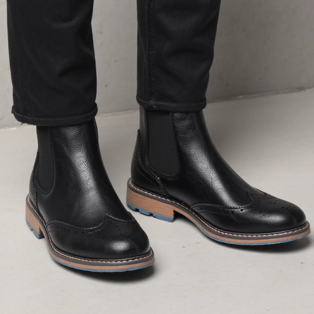 Brogue Men Chelsea Boots 2025 American Style Comfortable Leather Ankle Boots