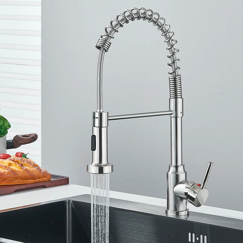 Chrome Spring Pull Down Kitchen Faucet with Stream Spray Head Hot and Cold Water Tap Stainless Steel Rotation Kitchen Mixer Crane