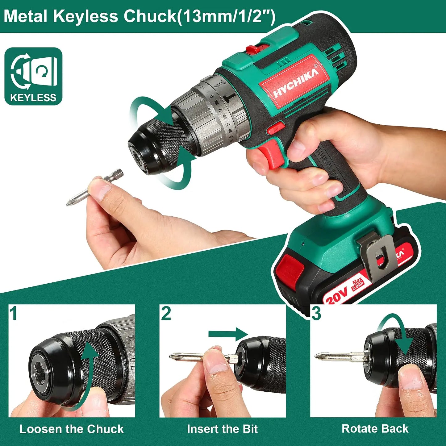 HYCHIKA 20V Cordless Electric Drill Brushless 2.0 AH Battery with Fast Charger 20pcs Drill Bits Electric Screwdriver Power Tools