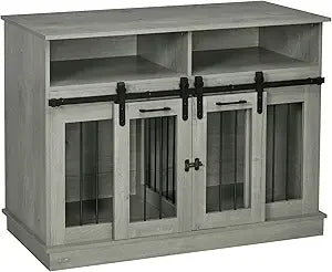 Dog Crate Furniture for Large Dogs or Double Dog Kennel for Small Dogs with Shelves, Sliding Doors, 47" x 23.5" x 35", Gray
