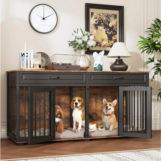 Furniture Style Dog Crate 64.6 Inch Wooden Large Dog Kennel with Drawers and Divider Indoor Dog House Furniture with Double Room