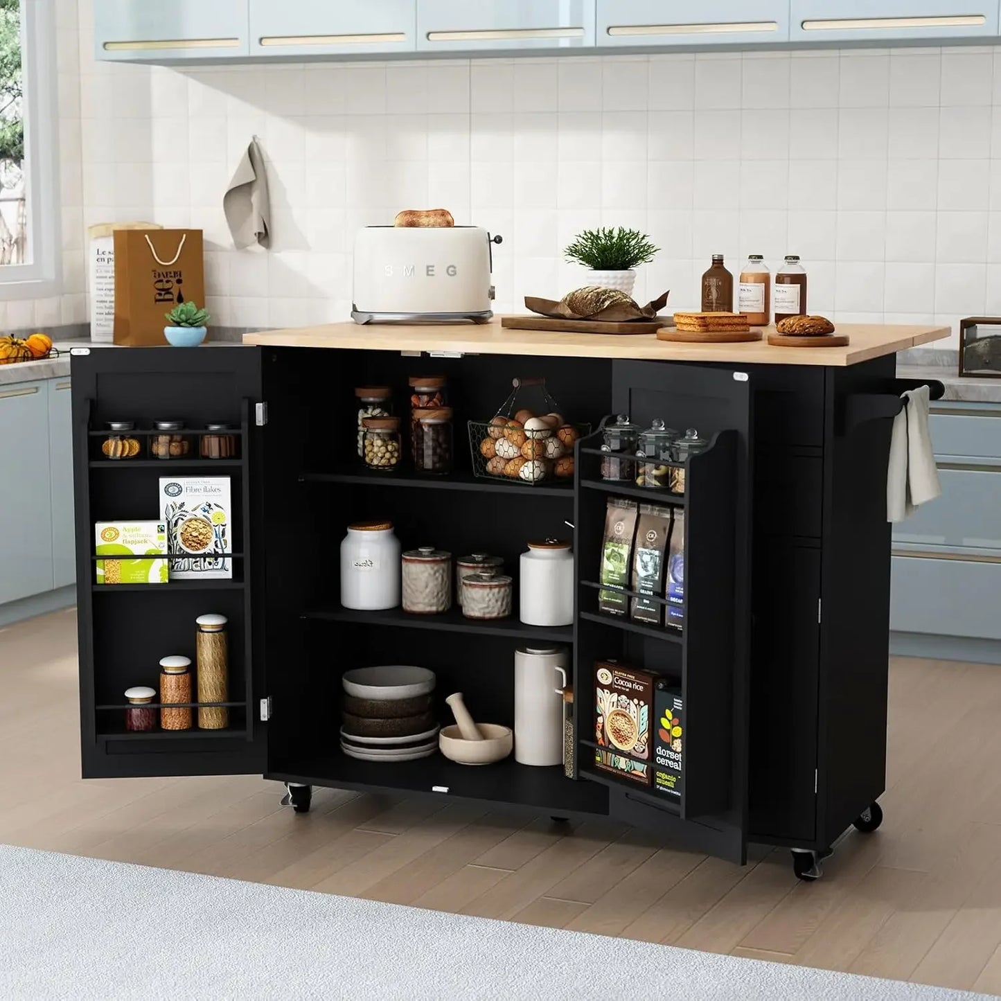 ANGDUO Modern Rolling Kitchen Island with Storage and Drop-Leaf