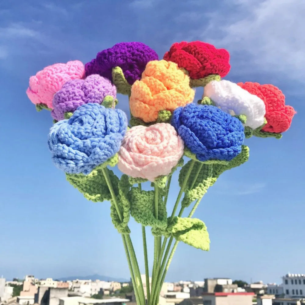 6 Pieces Multi Color DIY Knitting Rose Flower Bouquet Hand Knitted Fake Flowers Crochet Floral Arrangement