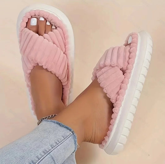 2025 Autumn Winter New Women Home Slippers Open Toe Cross Band Linen Soled Indoor Slides Non Slip Bathroom Slippers
