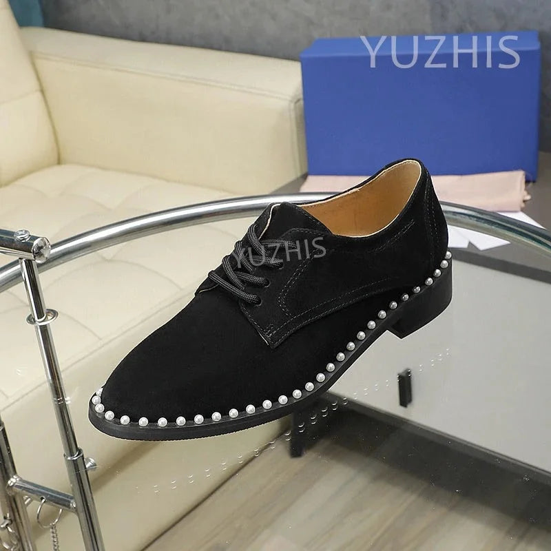 GUANSIYAO Retro Suede Loafers Women Round Toe Slip On