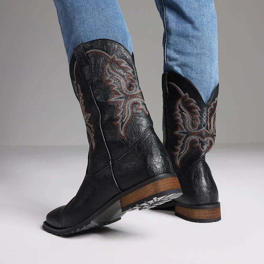 DoraTasia Plus Size 12.5 Retro Square Toe Neutral Cowboy Boots Luxury Embroidered Western Pull-On Boots