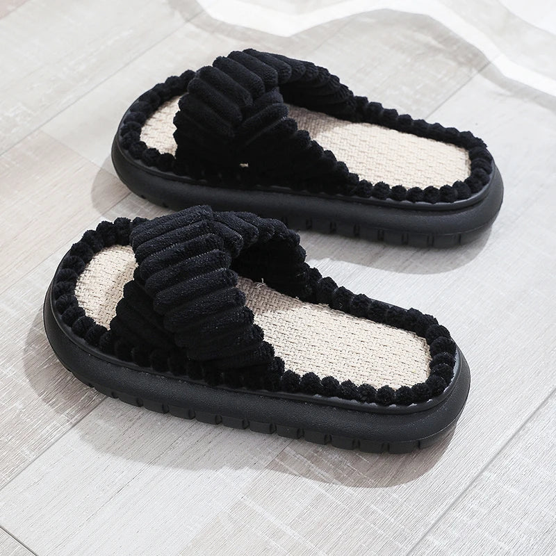 2025 Autumn Winter New Women Home Slippers Open Toe Cross Band Linen Soled Indoor Slides Non Slip Bathroom Slippers