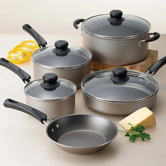 9 Piece All Round Non Stick Cookware Champagne Set Lightweight Durable Perfect for Kitchen Use or Thoughtful Gift