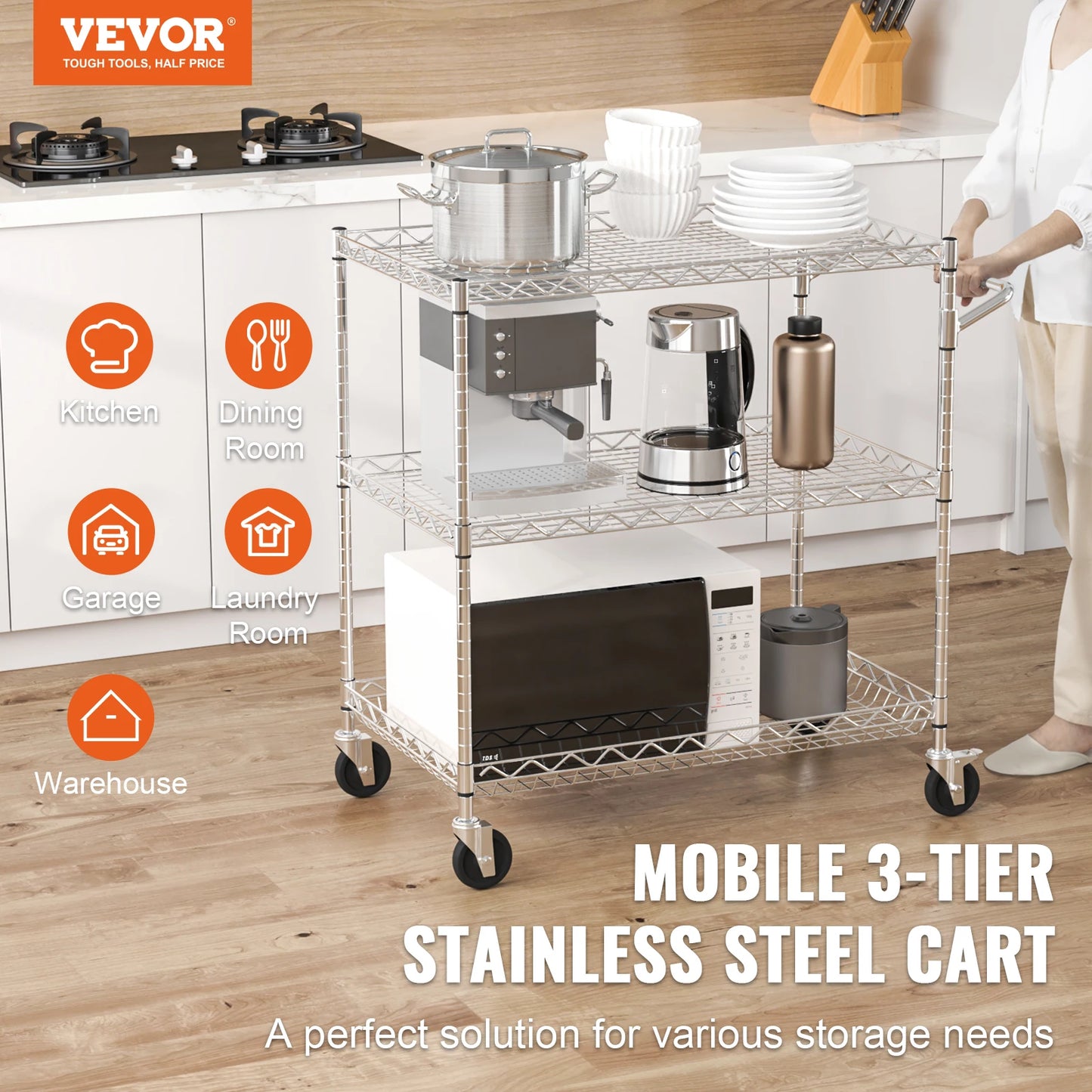 SucceBuy 3-Tier Rolling Utility Cart Metal Storage Shelving Unit