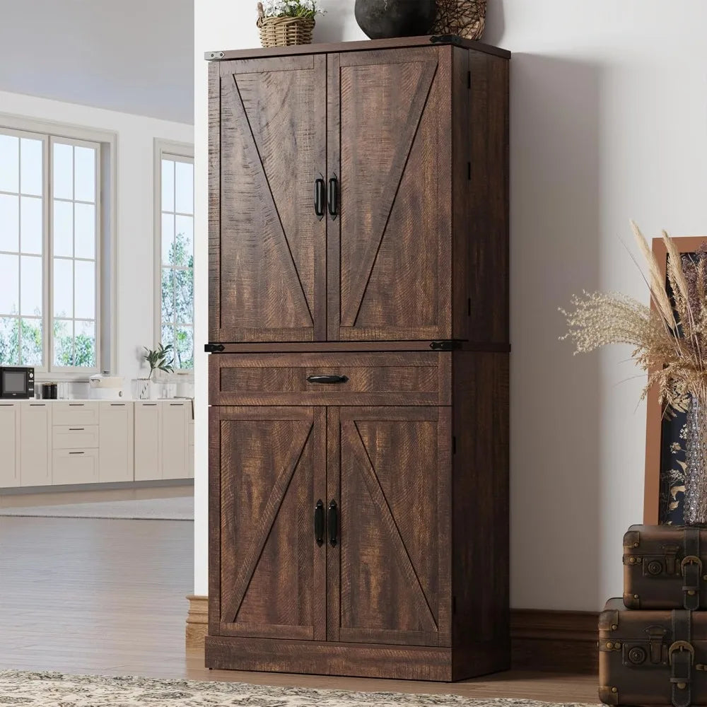 Farmhouse Kitchen Pantry Cabinet with Drawers and Barn Door Shelves
