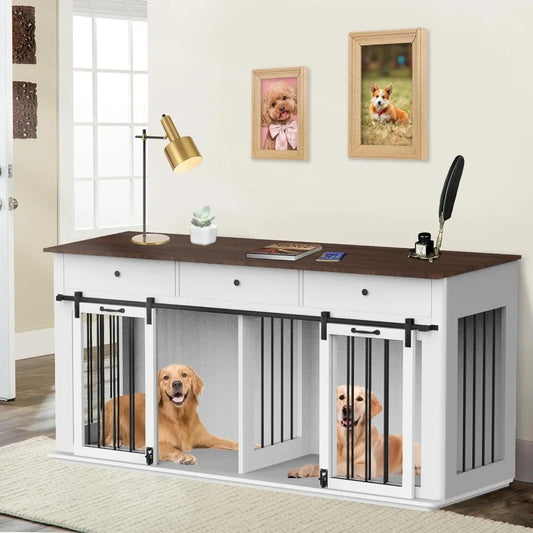 Very 72 Double Dog Crate Furniture For 2 Dogs Heavy Duty Wood Cage Table With Storage Drawers