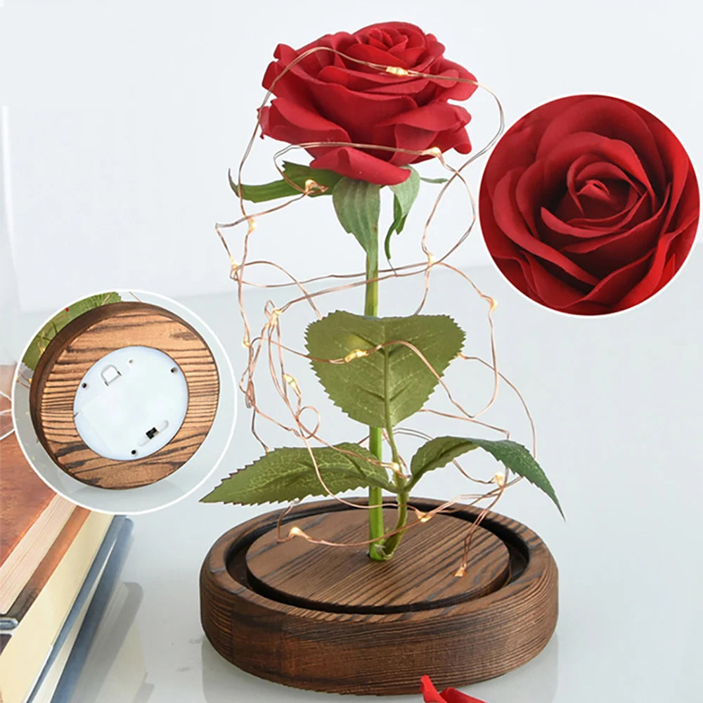 LED Enchanted Silk Rose Eternal Beauty Rose With Fairy Lights Glass Dome Gifts For Valentine's Day Wedding Party Mother's Day